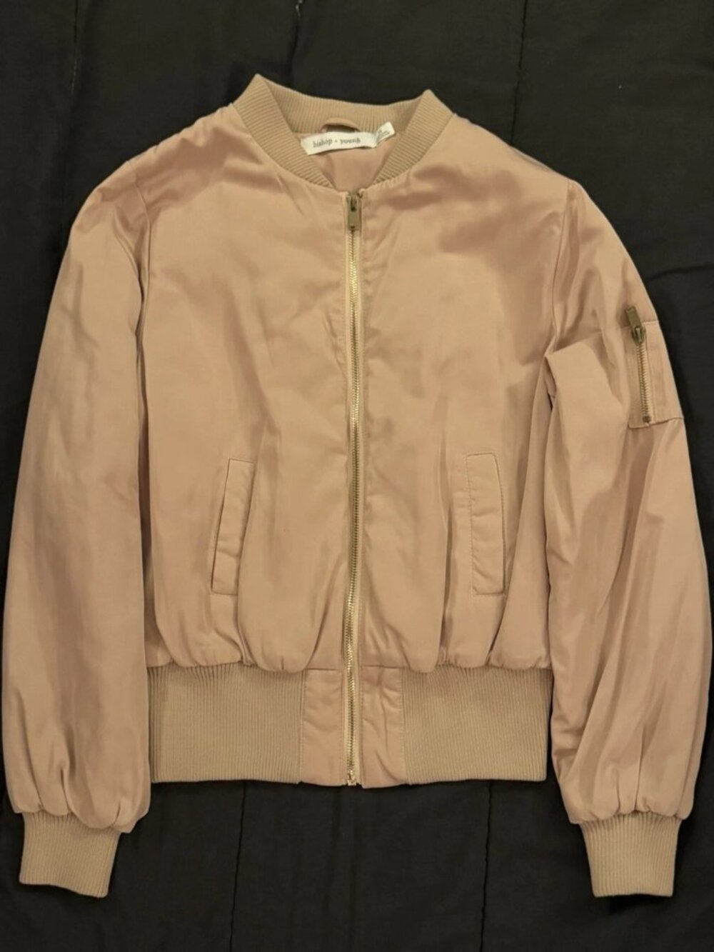 Bishop + Young Women's Medium Blush Pink Satin Bomber Jacket Lightweight Zip